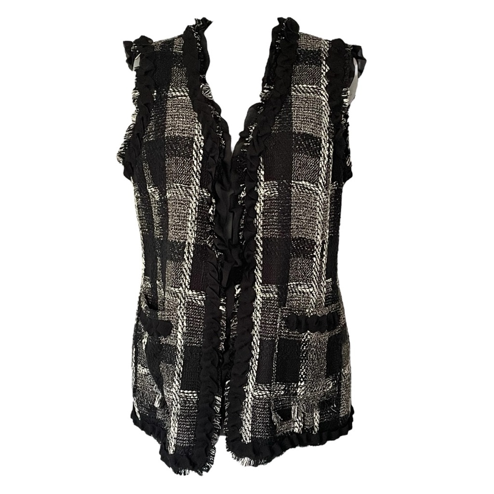 Conrad C Chic Black White long Tweed Plaid Vest Day Coat cotton blend Sz 14 NWOT
